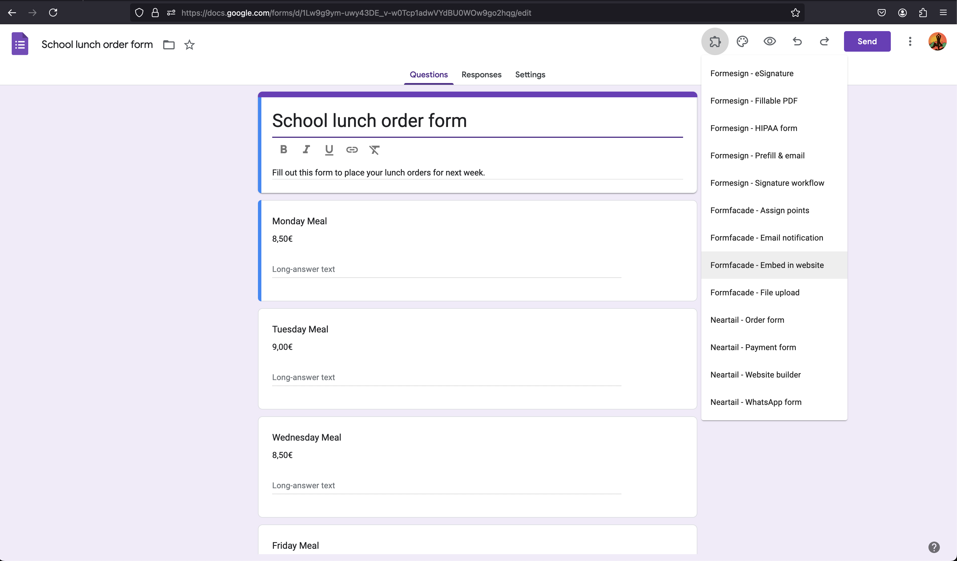 Formfacade is an addon for google forms. You can install the addon from the Google Workspace marketplace. Once installed, you will be able to access the addon by clicking on the addon icon in google forms.

Note:  If you open your google form, click on the add-on icon and select Formfacade (or any addon) immediately, sometimes only the Help option will be displayed in the menu. This is a Google Workspace issue. Please try clicking on the add-on icon a few mins after opening your Google Form (once the form is loaded); Embed and Customize menu options will be displayed. 